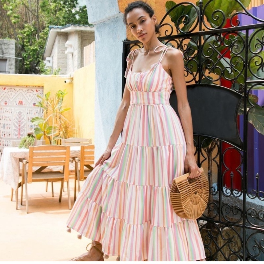 Chicwish Rainbow Candies Striped Maxi Dress Summer Strappy Tassels Size M